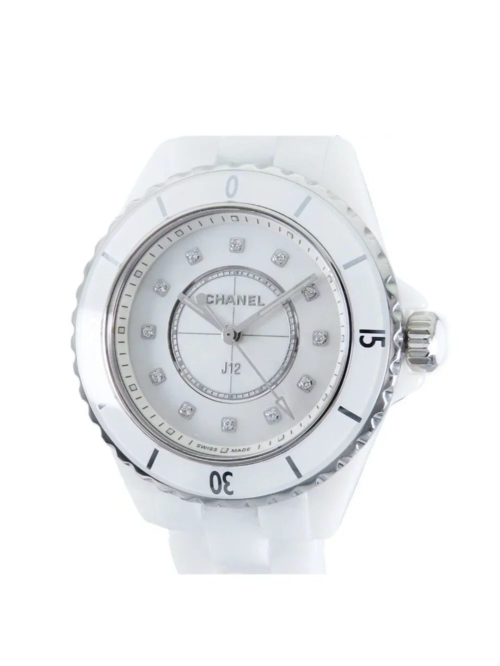 Chanel White Shell Ceramic Diamond SS 33 Watch Quartz